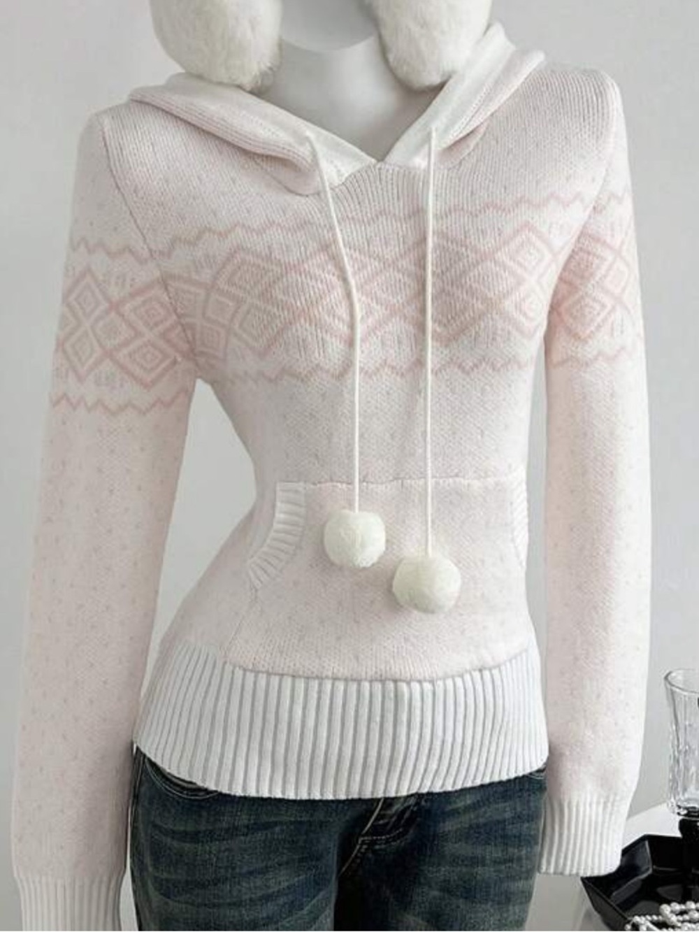 Women's Light Pink Hooded Pom-Pom Sweater